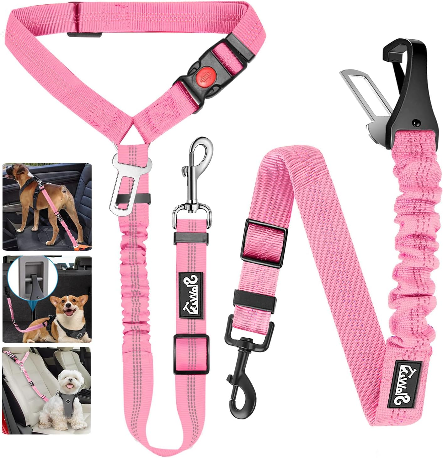 Lukovee pink dog seatbelt leash set front view for travel safety