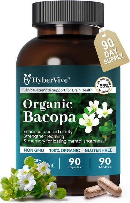 HyberVive Organic Bacopa Monnieri 300 Milligrams bottle front view showing nootropic brain and memory supplement.