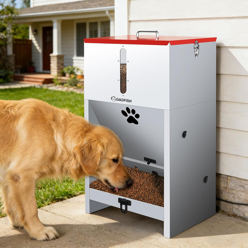 Large breed dog eating from the GADFISH sixty pound automatic metal feeder in a backyard setting