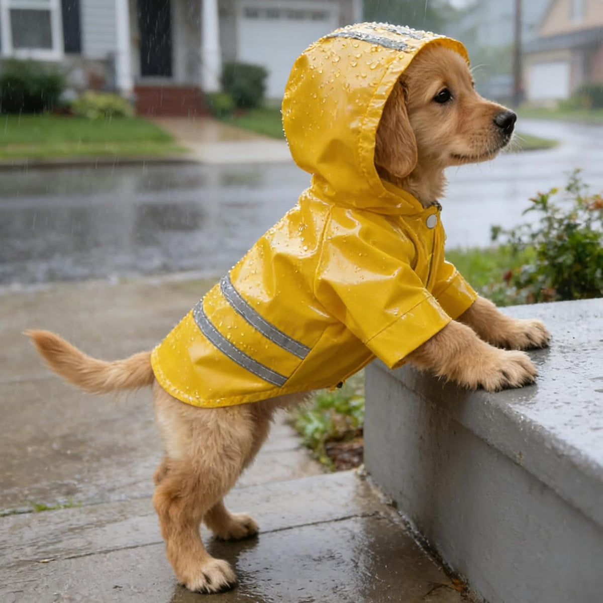 Imported waterproof dog raincoat front view of yellow puppy jacket on small breed.