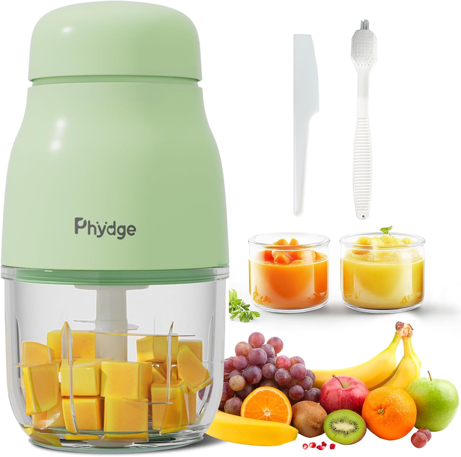 Phydge baby food maker front view showing the compact green motor housing and glass bowl for premium baby food preparation