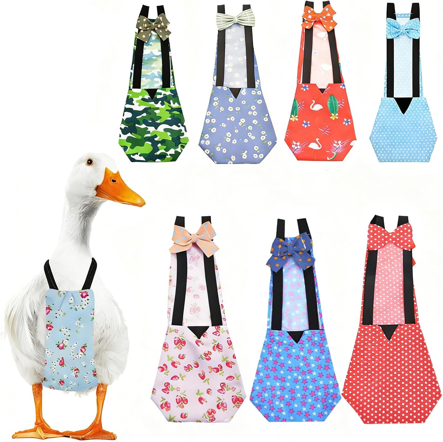 Reusable chicken diaper with adjustable elastic straps and bow details shown flat