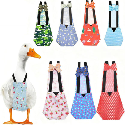 Reusable chicken diaper with adjustable elastic straps and bow details shown flat