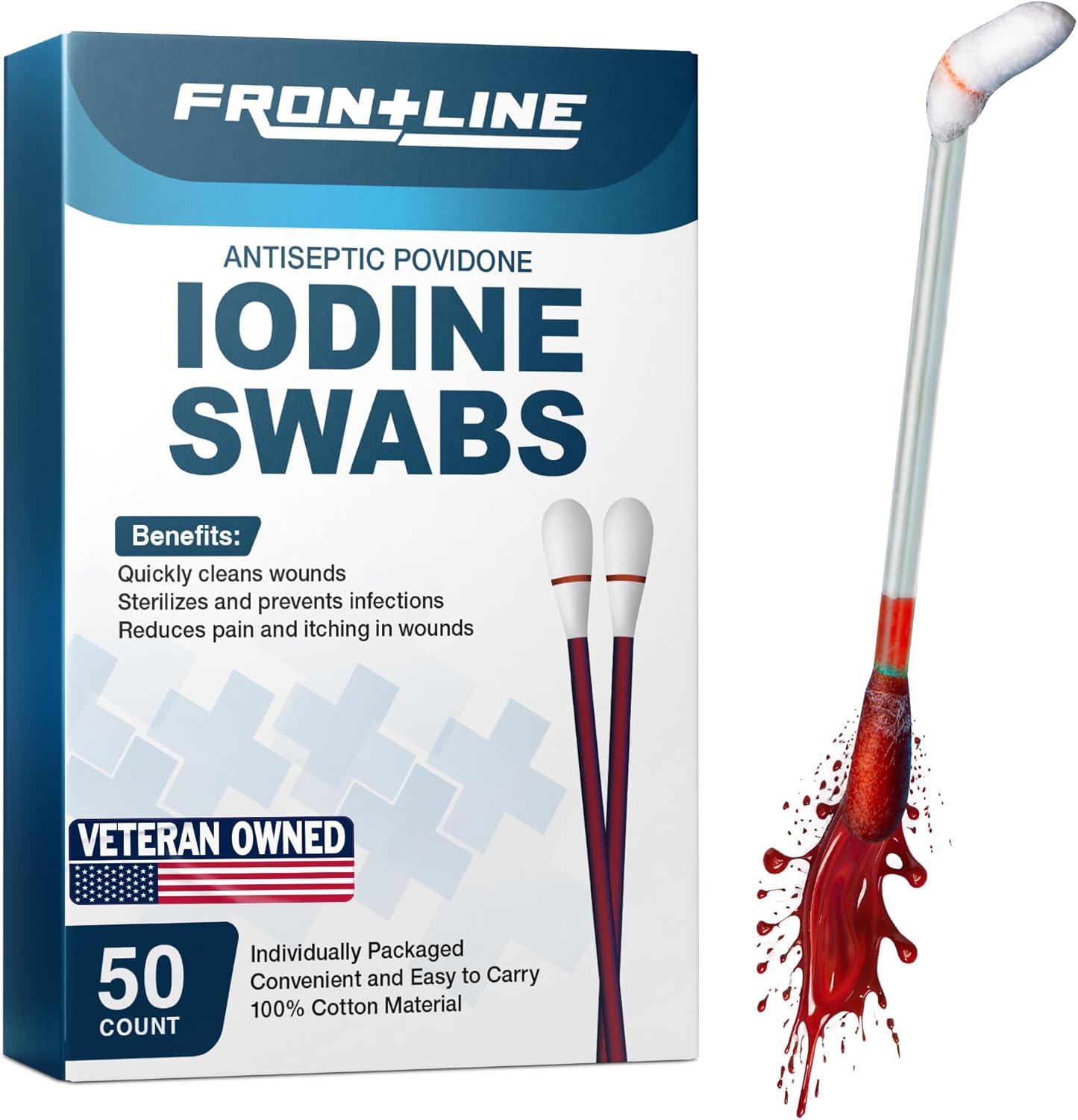 FrontLine Povidone Iodine Swabs box front view for wound care.