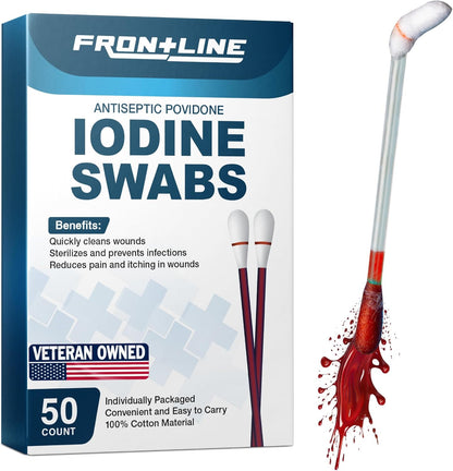 FrontLine Povidone Iodine Swabs box front view for wound care.