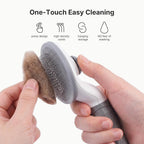 Self cleaning slicker grooming tool with retracted bristles demonstrating the easy hair removal button mechanism.