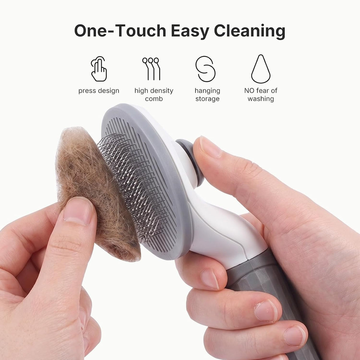 Self cleaning slicker grooming tool with retracted bristles demonstrating the easy hair removal button mechanism.