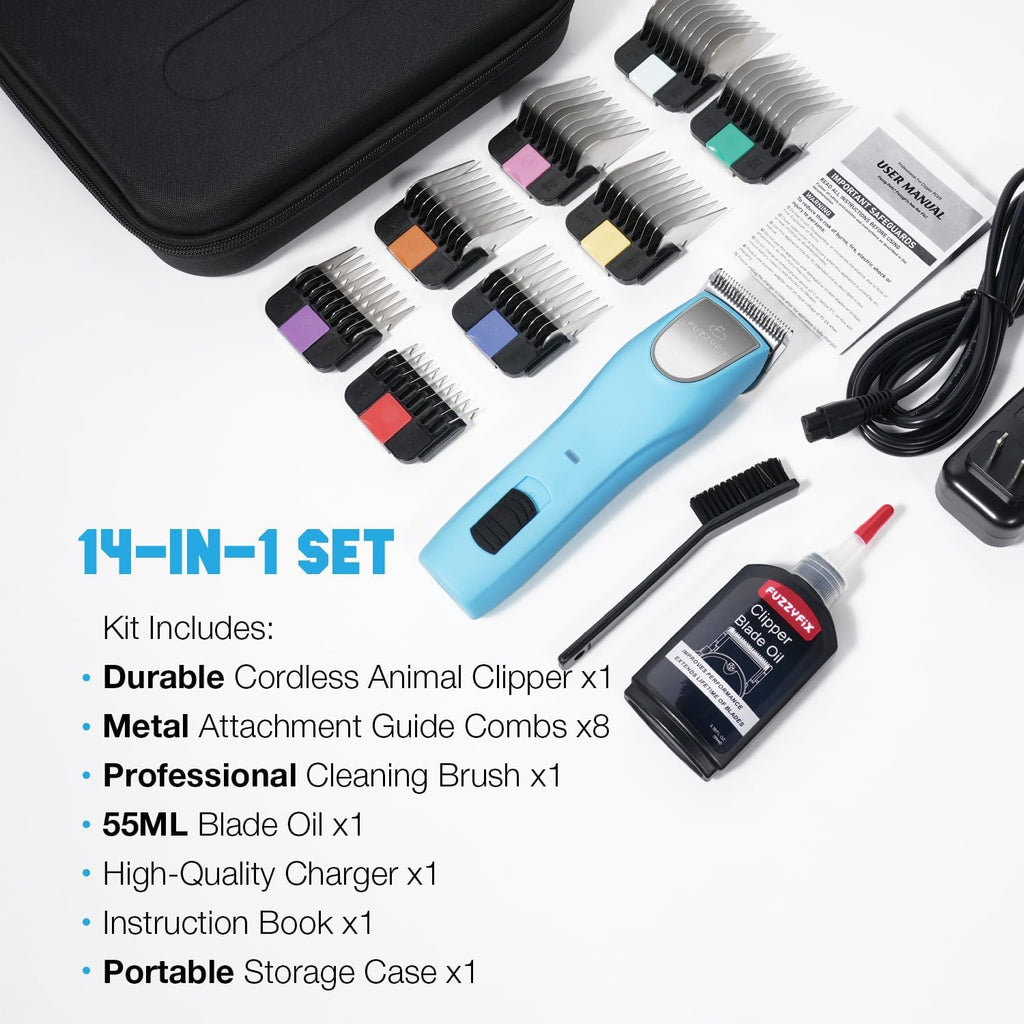 FuzzyFix cordless dog grooming clippers with blade oil and charger
