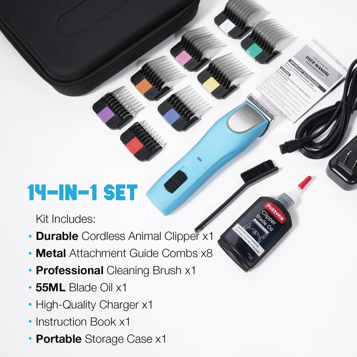 FuzzyFix cordless dog grooming clippers with blade oil and charger