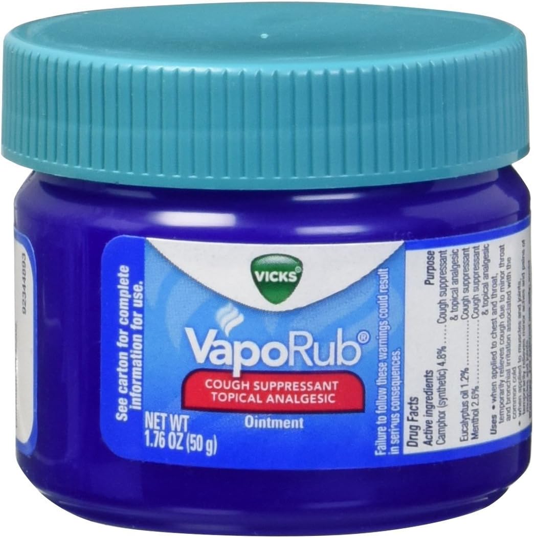 Vicks VapoRub topical cough suppressant 1.76 ounce jar front view showing packaging details.