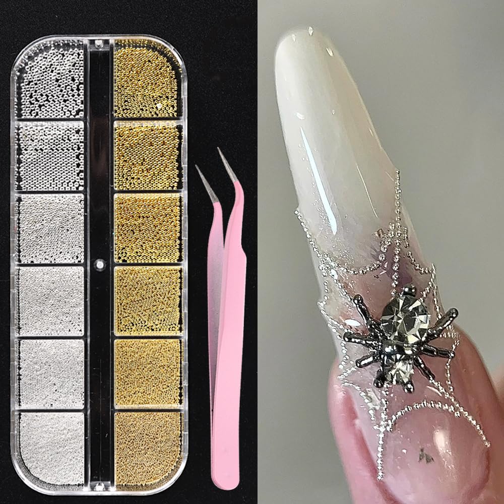 SUTOKAKA 3D Mixed Sizes Nail Art Studs twelve grid box front view showing gold and silver caviar beads.