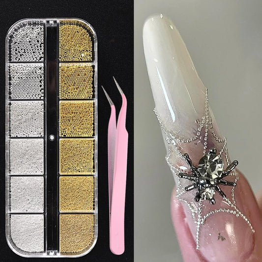 SUTOKAKA 3D Mixed Sizes Nail Art Studs twelve grid box front view showing gold and silver caviar beads.