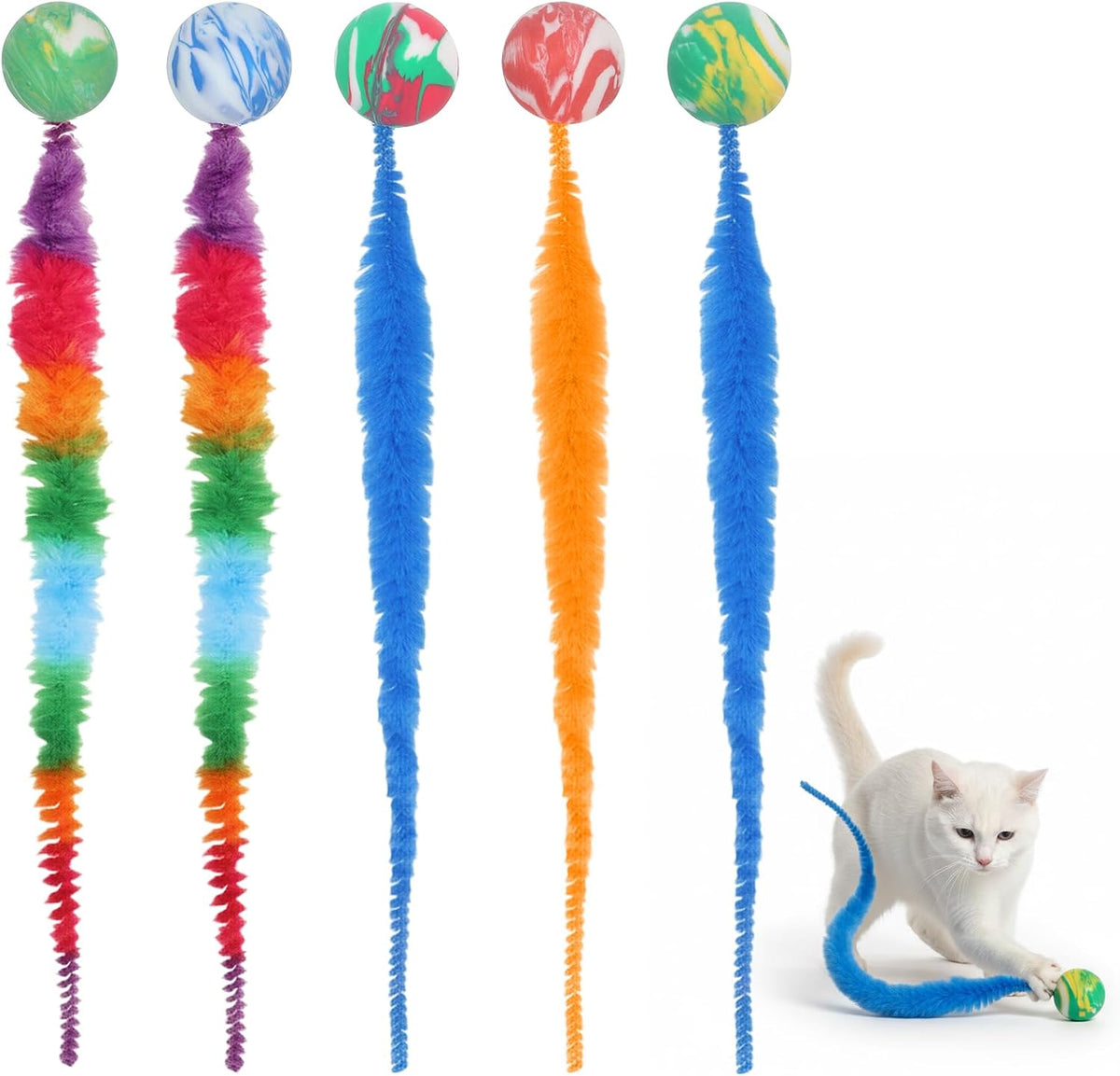 Skrfren Interactive Cat Worm Toy Bouncy Balls front view of colorful pet toys