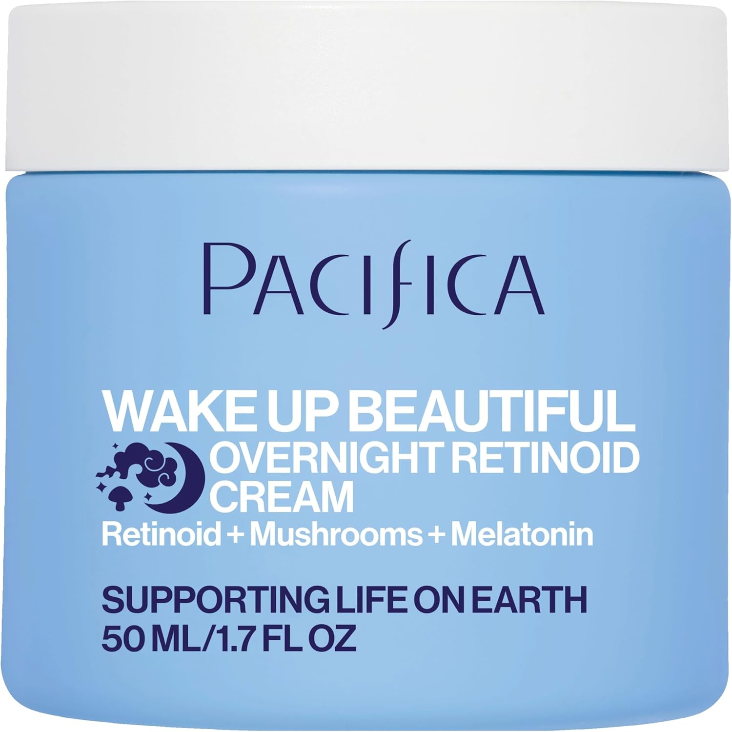 Pacifica Wake Up Beautiful Retinoid Night Cream front view of the glass jar showing clean packaging.
