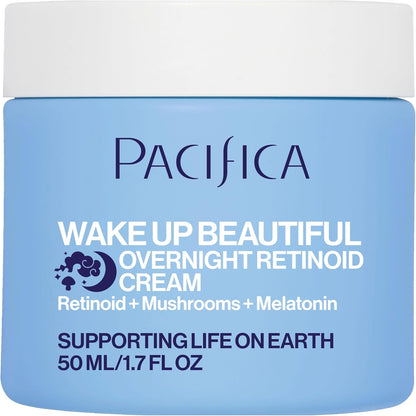 Pacifica Wake Up Beautiful Retinoid Night Cream front view of the glass jar showing clean packaging.
