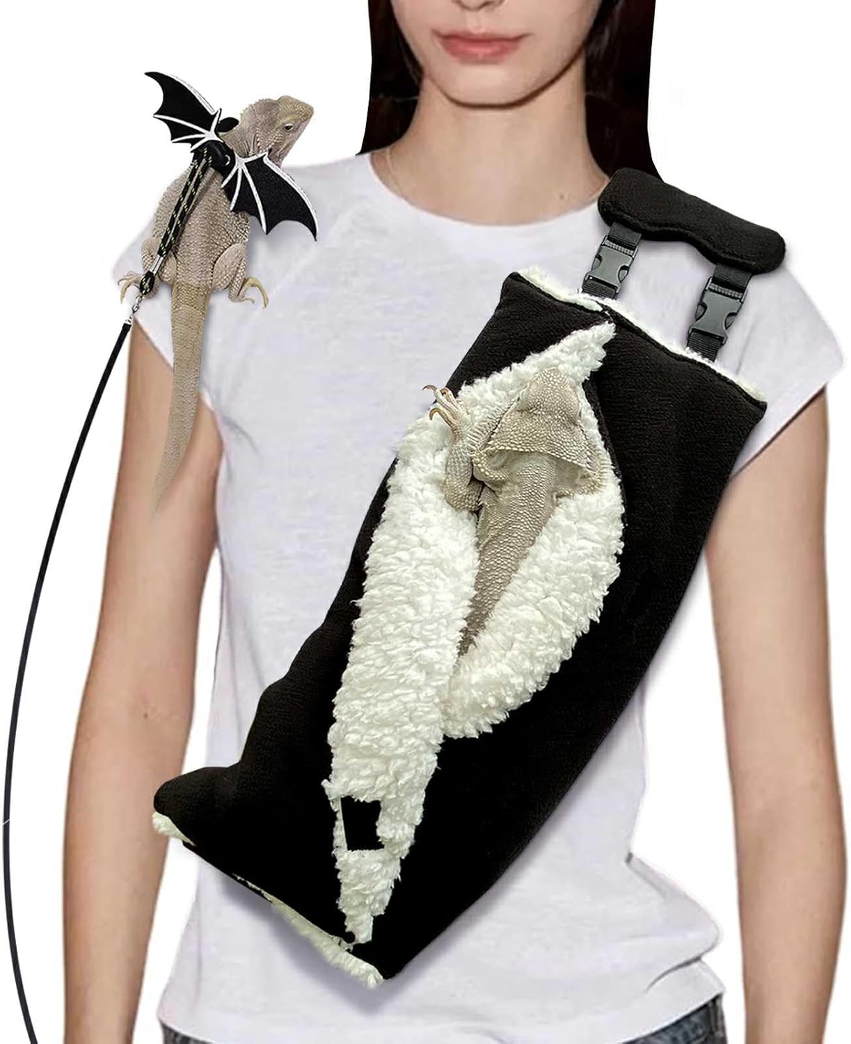 Adjustable Fluffy Bearded Dragon Sling Carrier Bag, Reptile Carrier with Leash Harness Lizard Cage Accessories for Small Animal, Ferrets, Squirrel, Hamsters,Parrot (Black) - Image 1