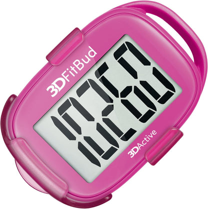 Full packaging view of the 3DActive 3DFitBud simple walking pedometer kit with all accessories.