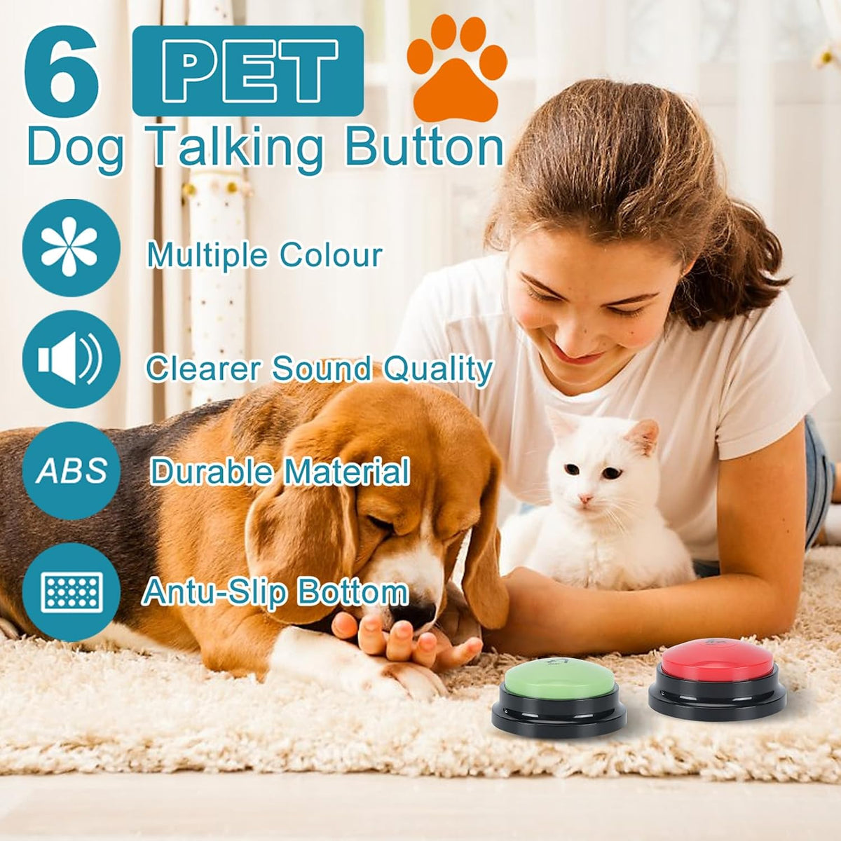 Close-up of a person recording a voice command on the ESYELEC dog communication button.