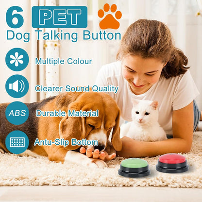 Close-up of a person recording a voice command on the ESYELEC dog communication button.