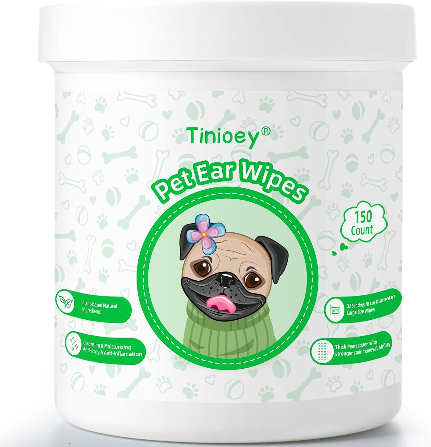 Tinioey dog ear wipes 150 count container front view