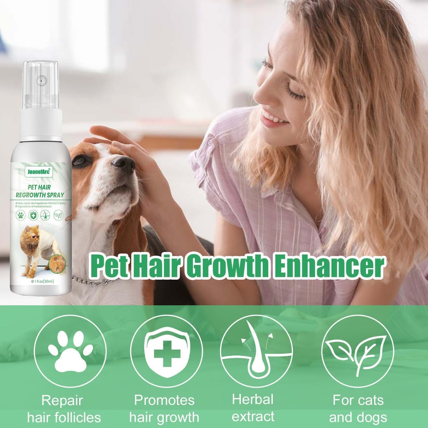 JoanofArc dog and cat skin treatment spray targeting bald areas on pets.