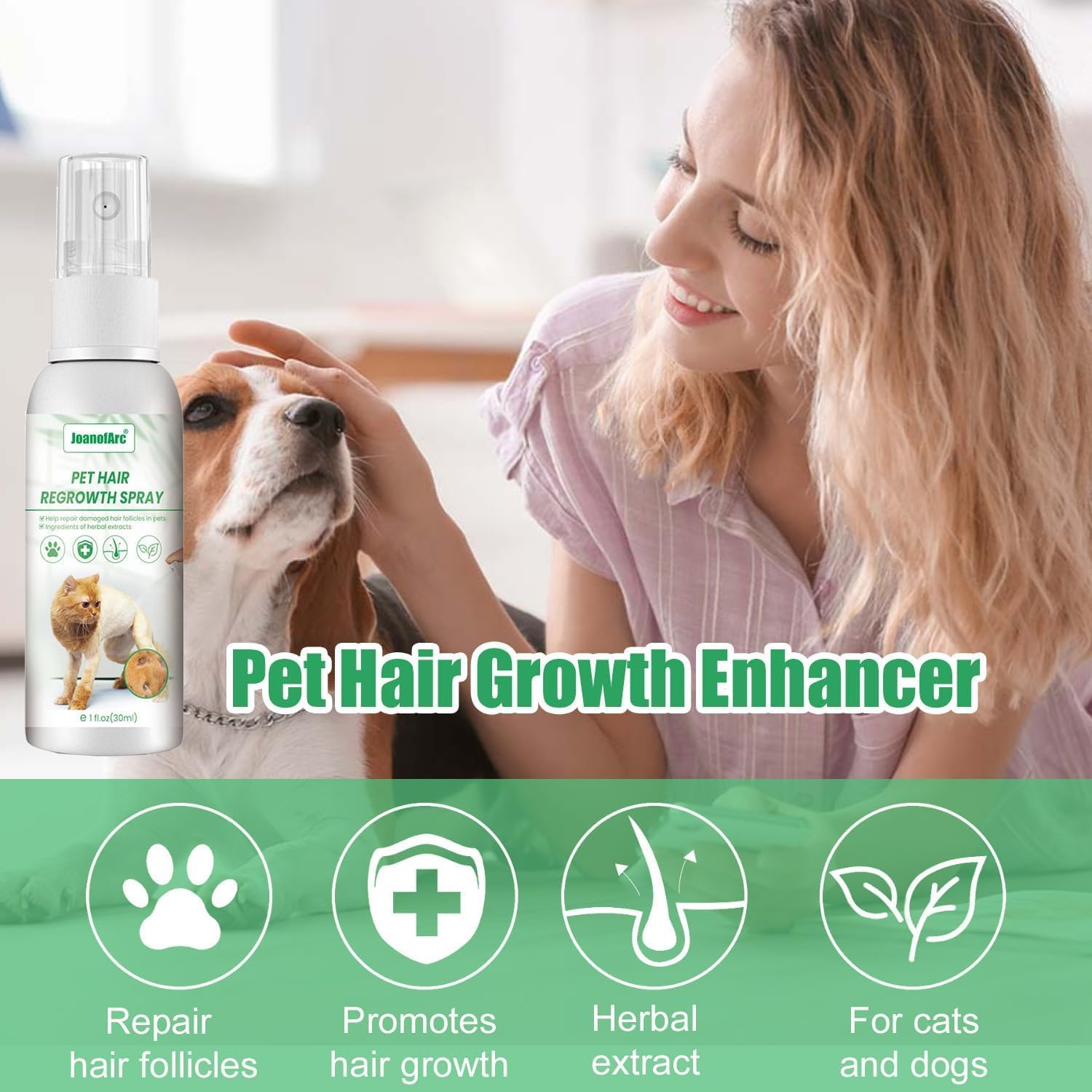 JoanofArc dog and cat skin treatment spray targeting bald areas on pets.