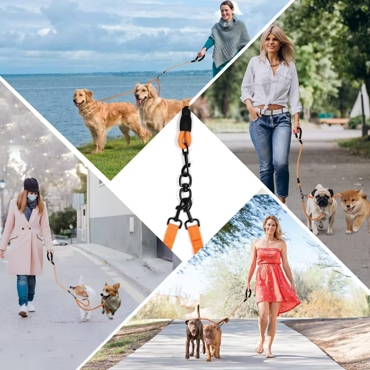 Tangle free multi pet coupler system for walking four dogs safely