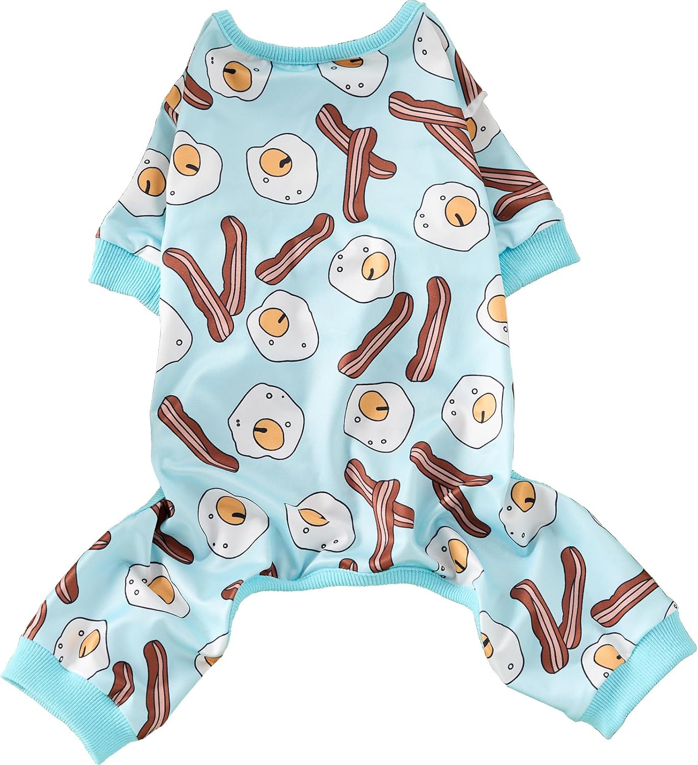 CozeVian Dog Pajamas Onesie front view of small dog wearing light blue breakfast print apparel