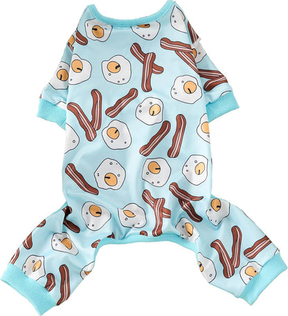 CozeVian Dog Pajamas Onesie front view of small dog wearing light blue breakfast print apparel