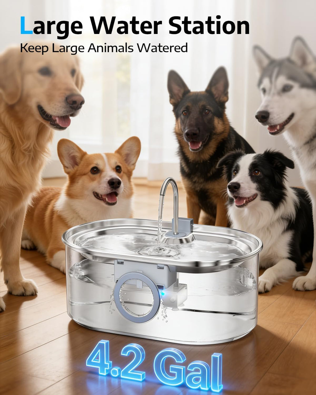 4.2Gal Dog Water Fountain for Large Dogs, 16L Stainless Steel Dog Fountain Water Bowl with Multi-Filtration & Deeper Drinking Tray, Extra Large Pet Water Fountain with Water Window & LED, Ultra-Quiet - Image 9