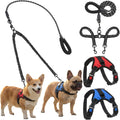 Sunnymove 3 piece double dog leash and no pull harness set front view showcasing the black nylon straps and mesh vests.