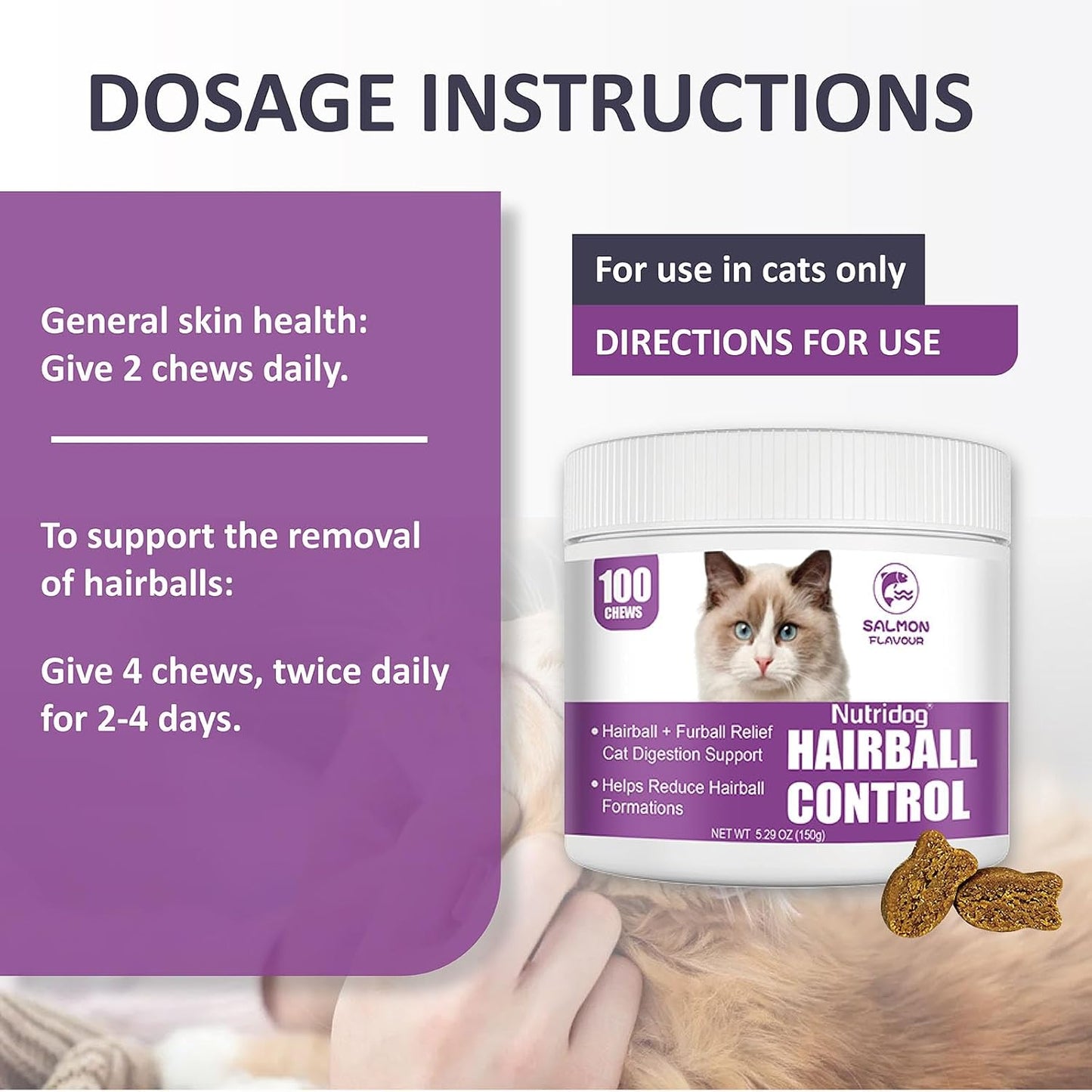 Salmon flavored hairball remedy treats jar for feline digestive health support.