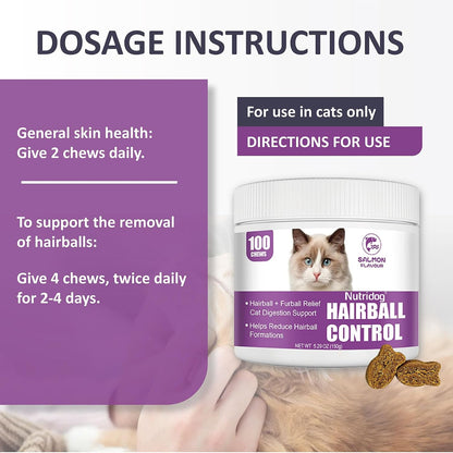 Salmon flavored hairball remedy treats jar for feline digestive health support.