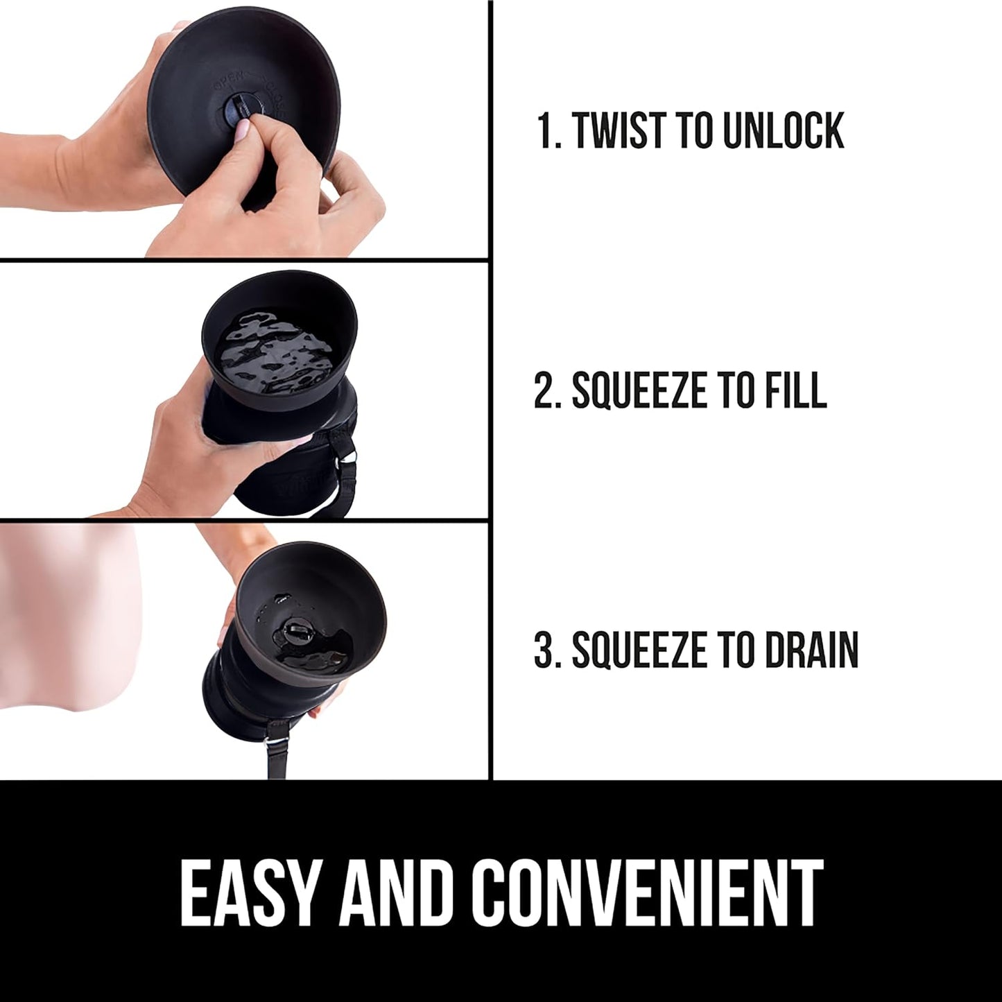 Disassembled Gorilla Grip twelve ounce dog bottle showing the dishwasher safe components for easy cleaning.