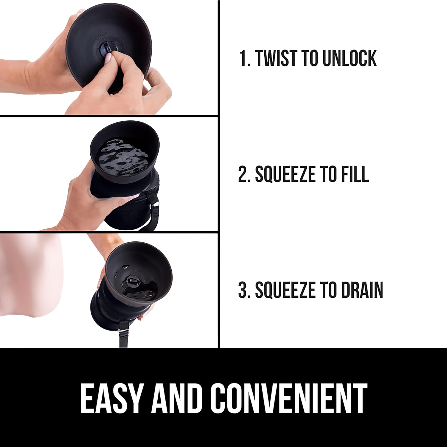 Disassembled Gorilla Grip twelve ounce dog bottle showing the dishwasher safe components for easy cleaning.