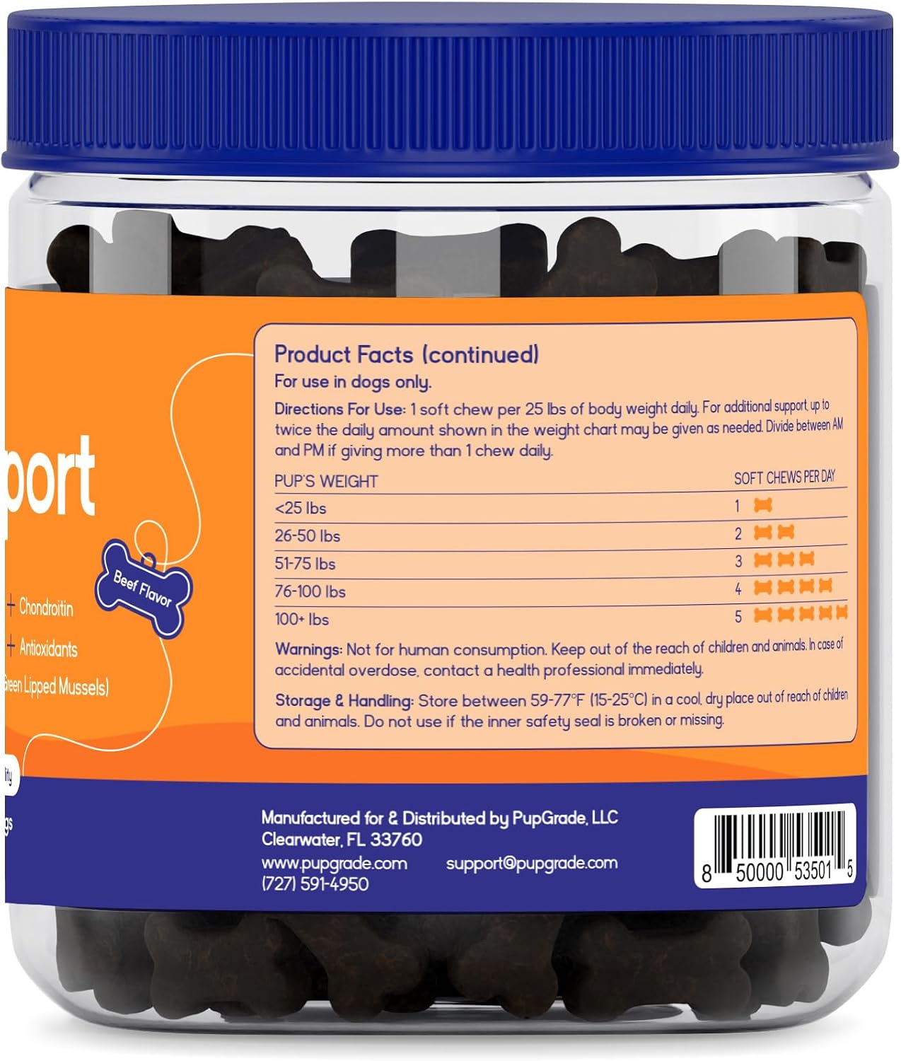 Authentic USA imported PupGrade dog joint mobility supplement nutritional facts label
