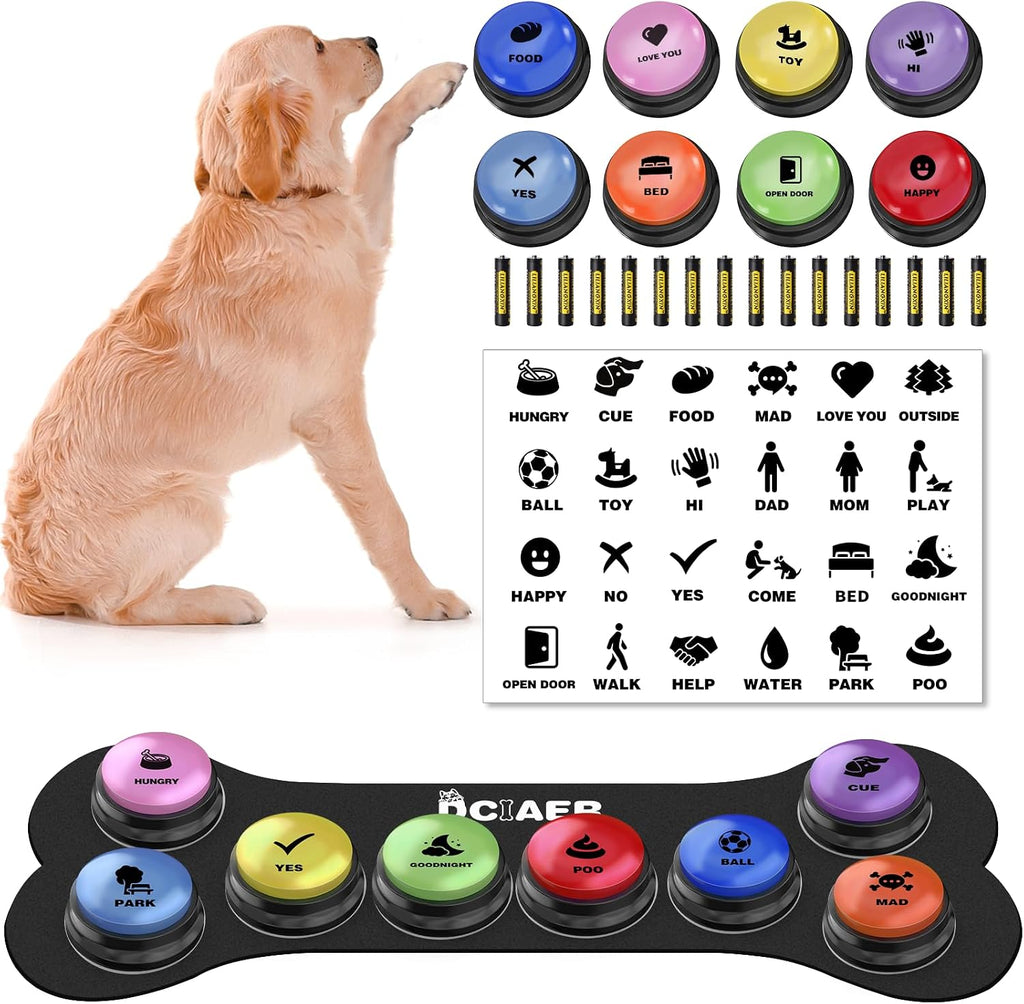 DCIAER dog buttons for communication front view of the complete eight piece starter training kit setup.