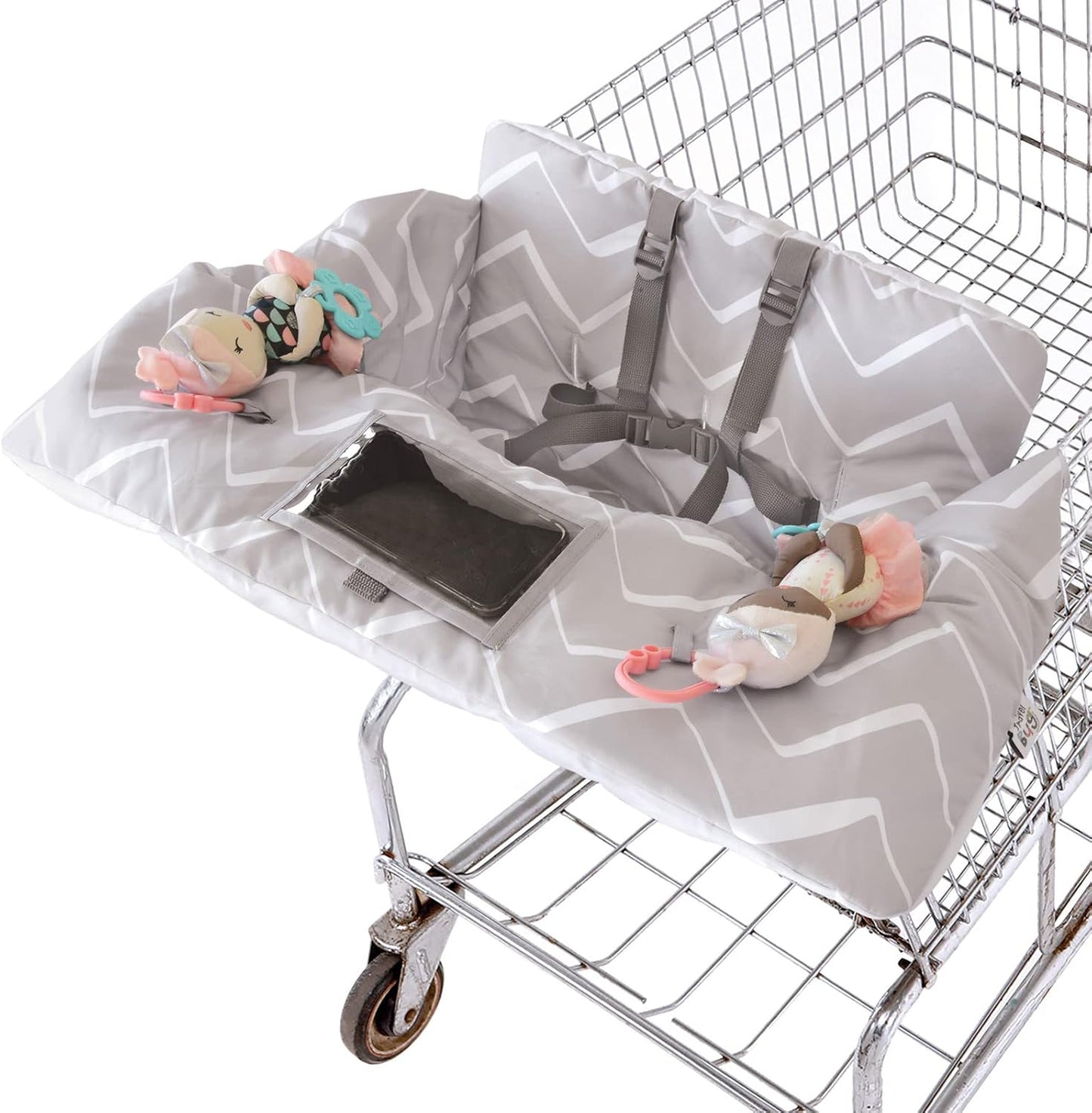 Travel Bug shopping cart cover chevron pattern front view on supermarket trolley