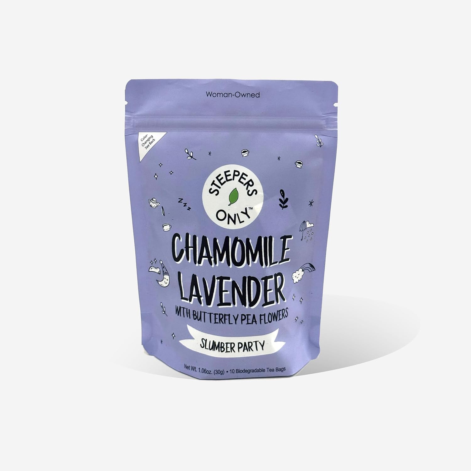 Steepers Only Slumber Party Chamomile Lavender Bedtime Herbal Tea front packaging view displaying product details