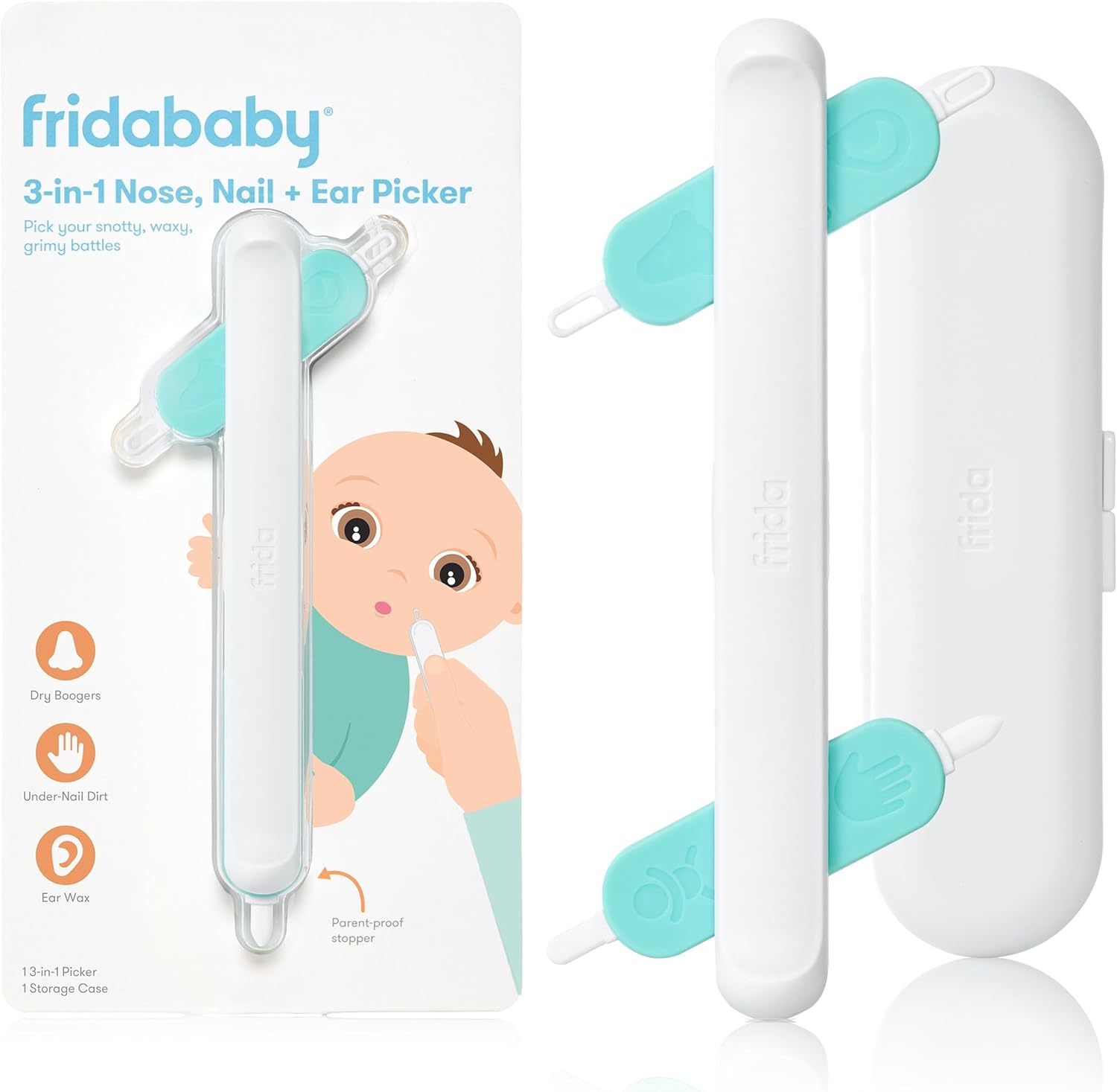 Frida Baby 3-in-1 Nose Nail and Ear Picker front view highlighting the four flexible tips