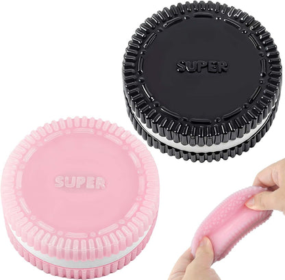 Gytera sticky cookie squishies fidget toys front view showcasing realistic pink and black sandwich cookie designs with colorful sprinkles.