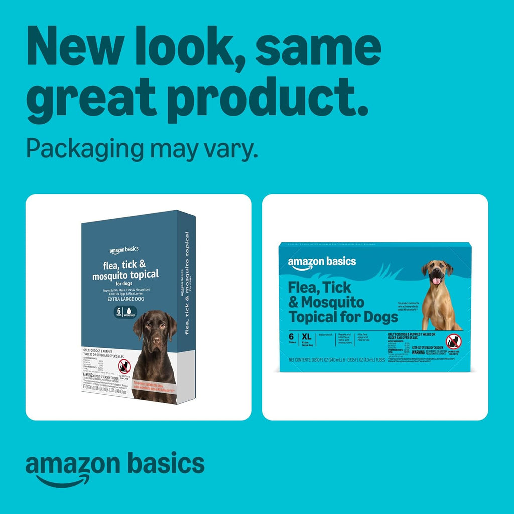 Solimo Amazon Basics monthly mosquito and flea drops six count box for large dogs.