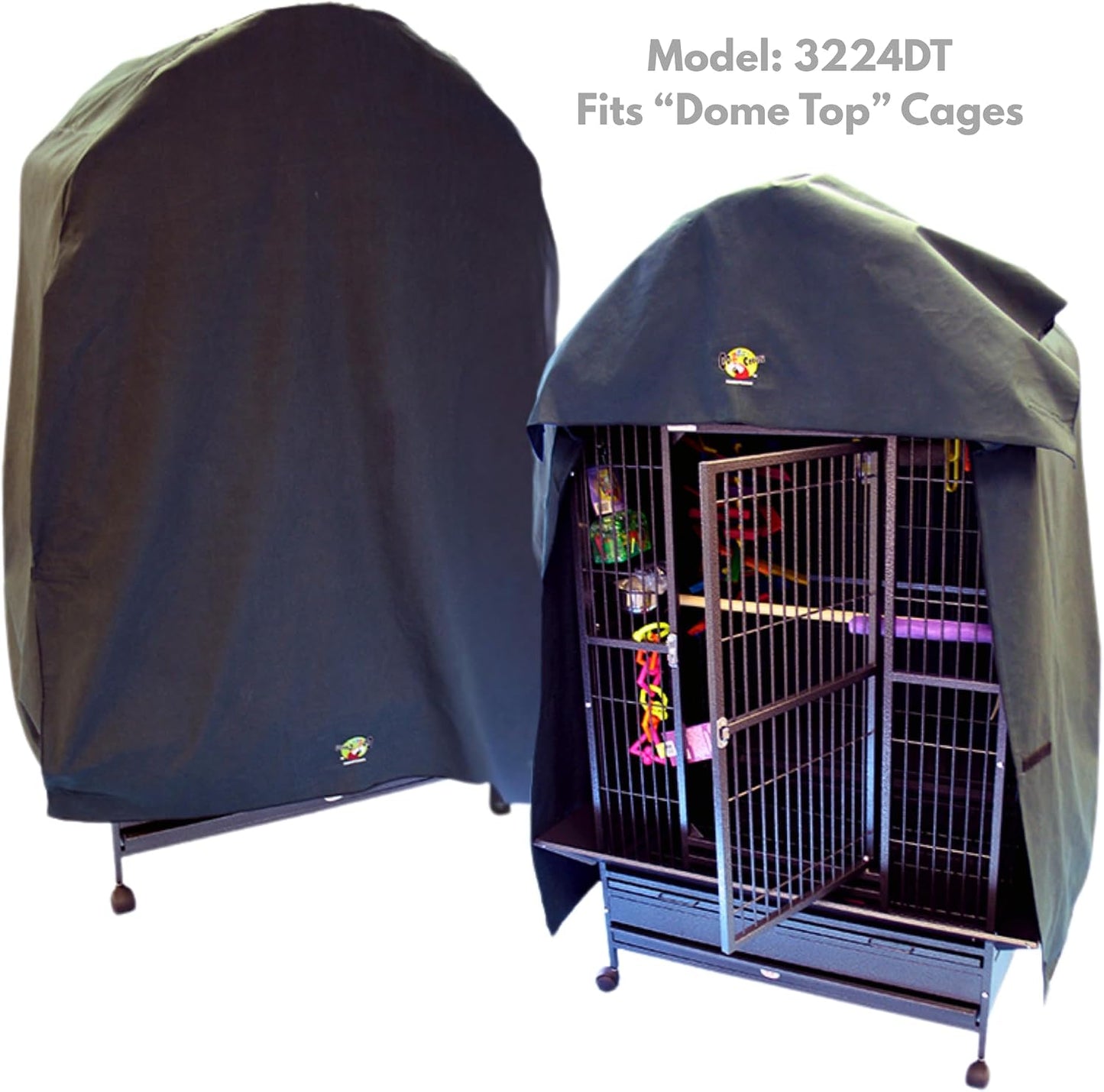 Front panel detail of the breathable poly-cotton bird cage cover rolled up and secured with hook and loop fasteners