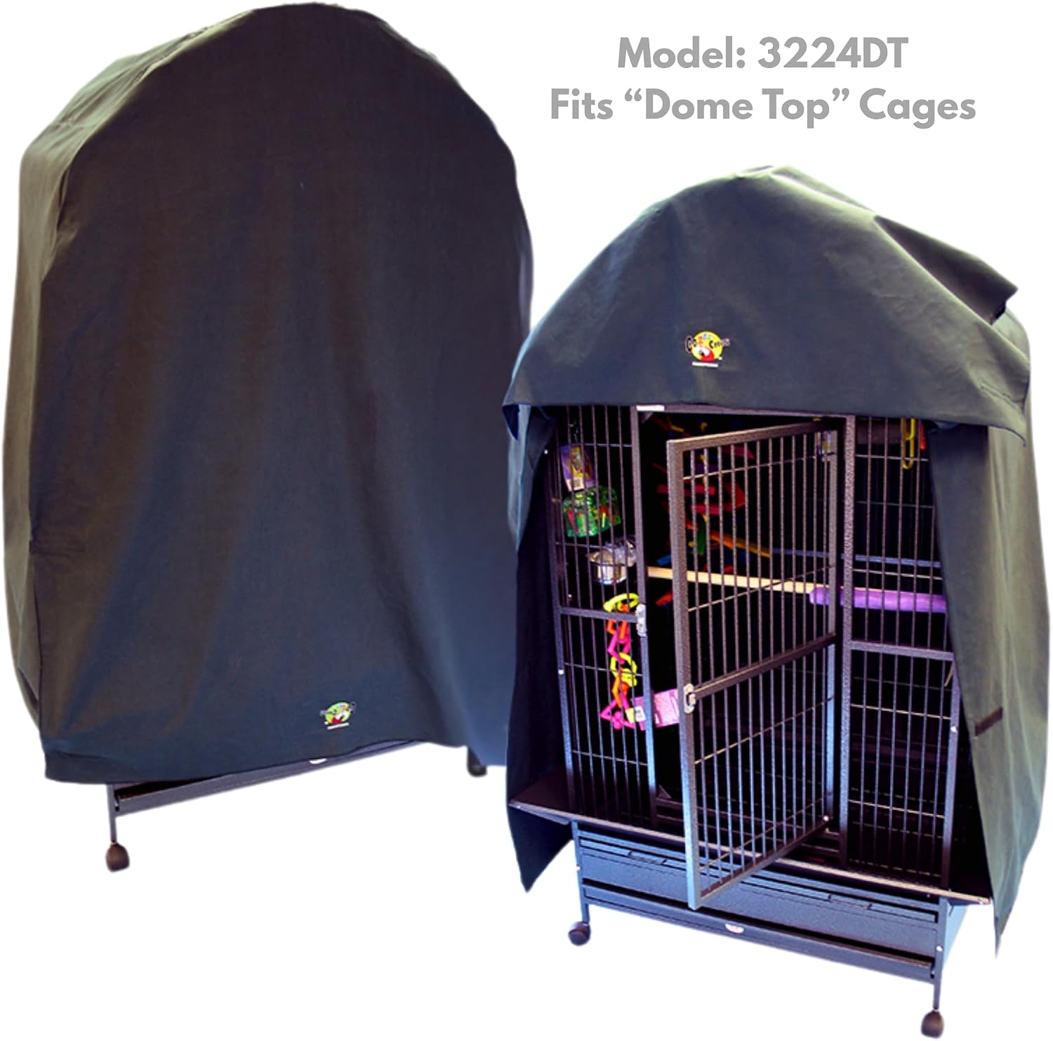 Front panel detail of the breathable poly-cotton bird cage cover rolled up and secured with hook and loop fasteners