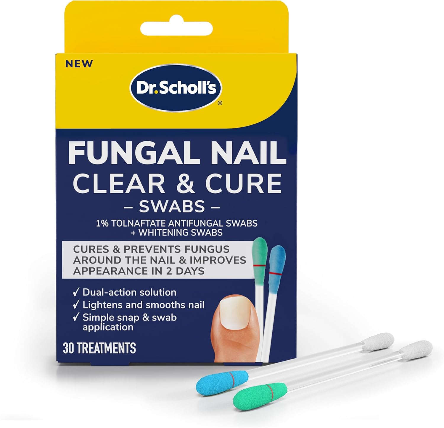 Dr. Scholl's Fungal Nail Clear and Cure Swabs 30 count front packaging for antifungal treatment.