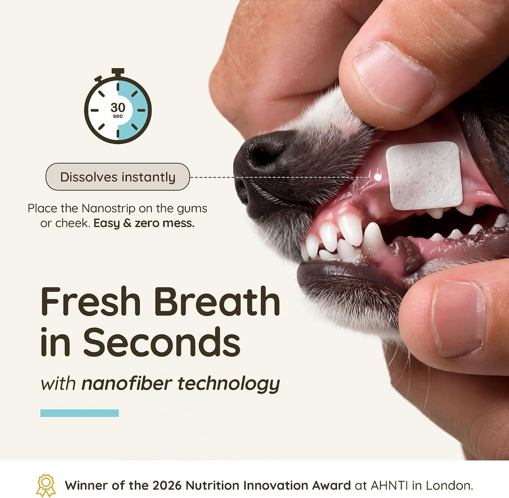 Furlicks dissolving breath freshener strip being applied to a dog's tongue
