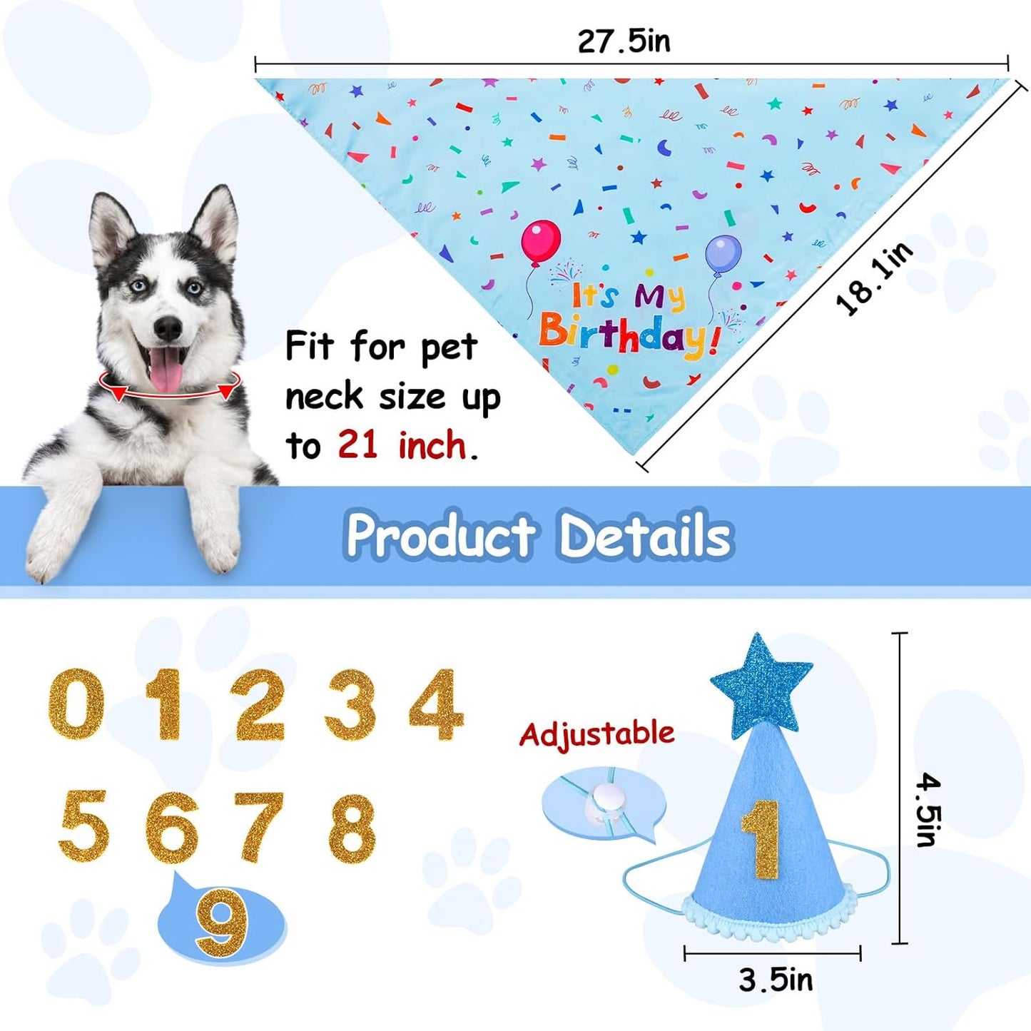 Blue cotton dog birthday boy bandana laid flat showing premium breathable material