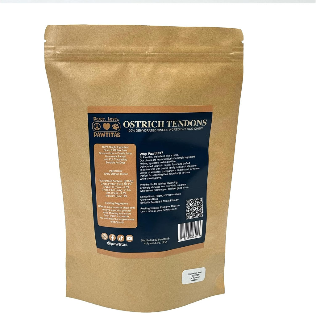Back of Pawtitas Ostrich Tendon packaging showing ingredients