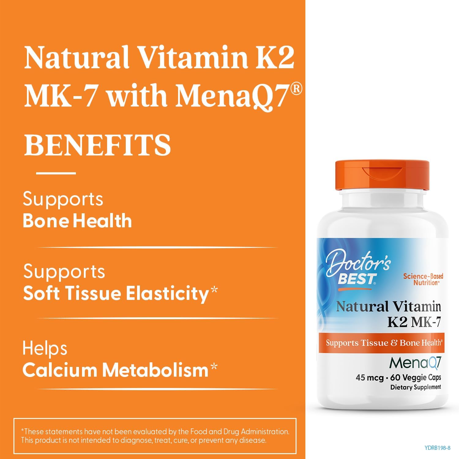 Side angle of Doctor's Best Vitamin K2 MenaQ7 bottle detailing the ingredient profile and facts.