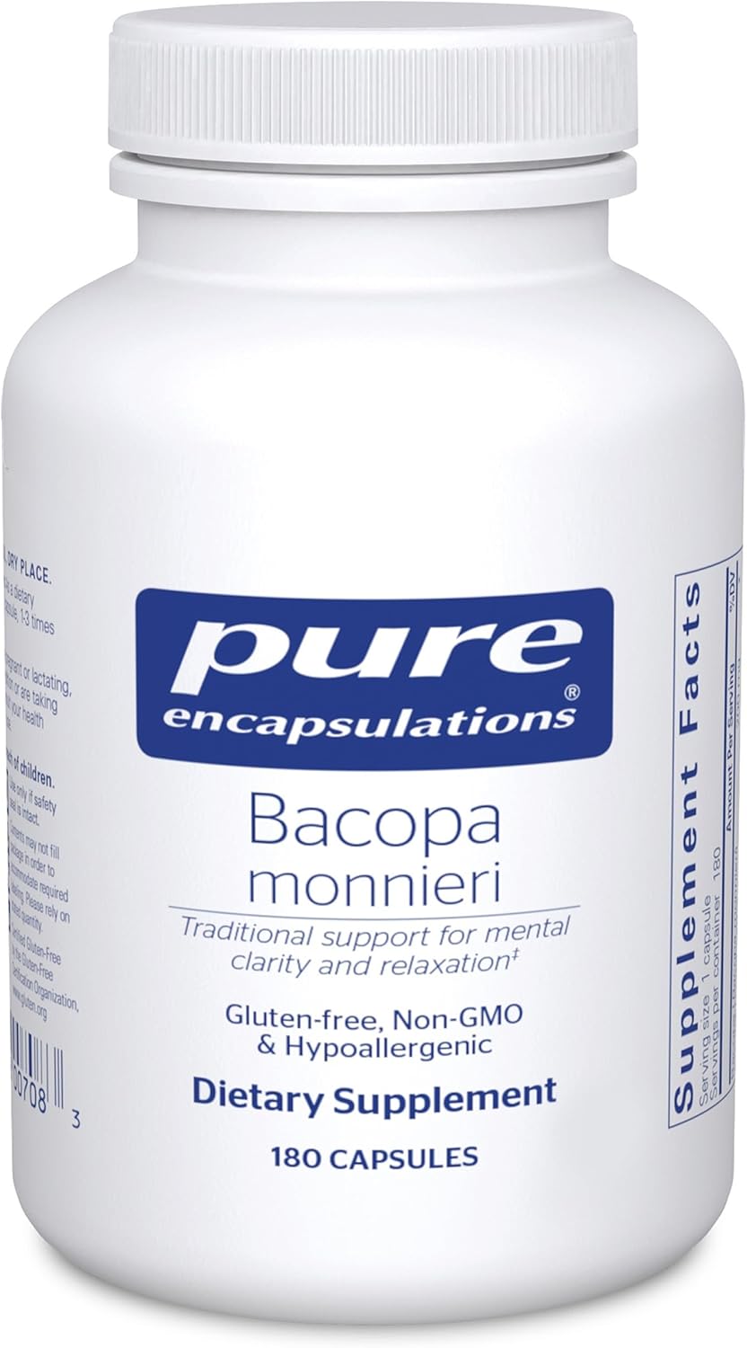 Pure Encapsulations Bacopa Monnieri 180 capsules front bottle view premium nootropic supplement for memory support.